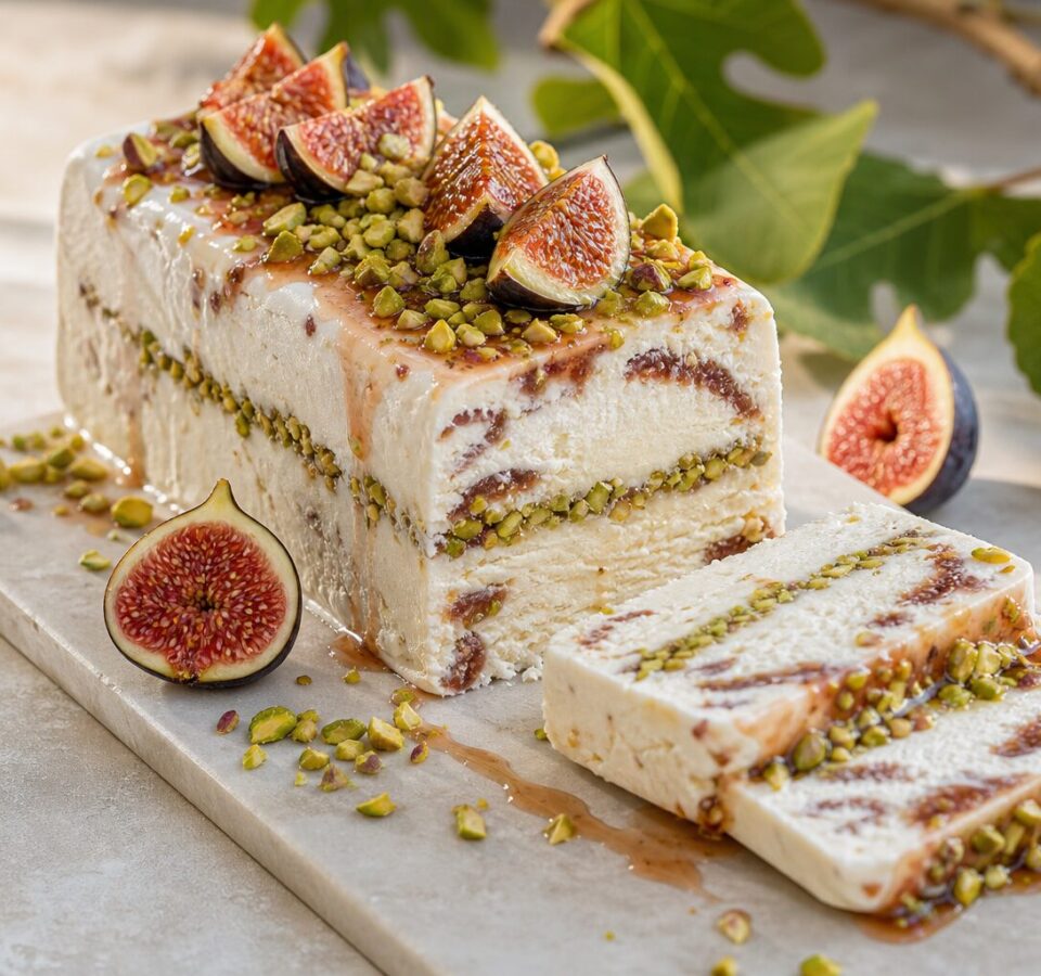 Aufgeschnittenes Feigen-Pistazien-Semifreddo mit frischen Feigen.