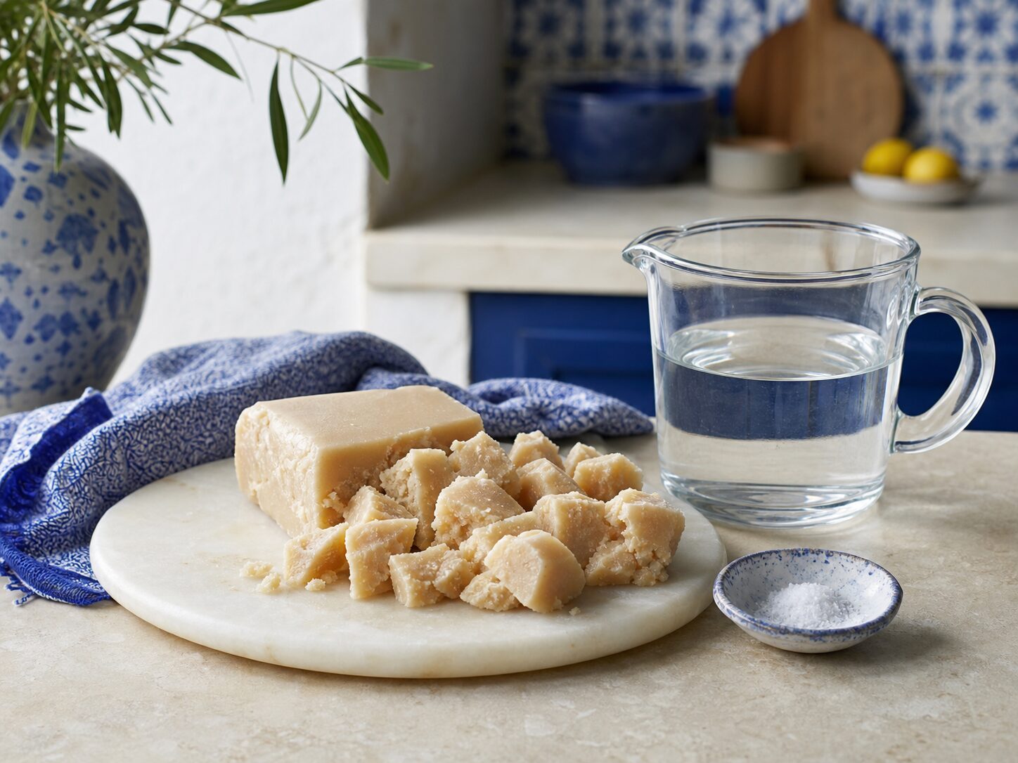 Panetto di pasta di mandorle a pezzi con acqua e un pizzico di sale