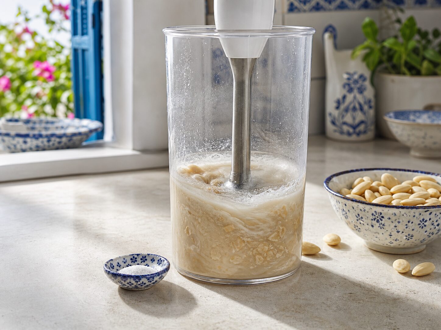 Pasta di mandorle e acqua lavorate con frullatore a immersione