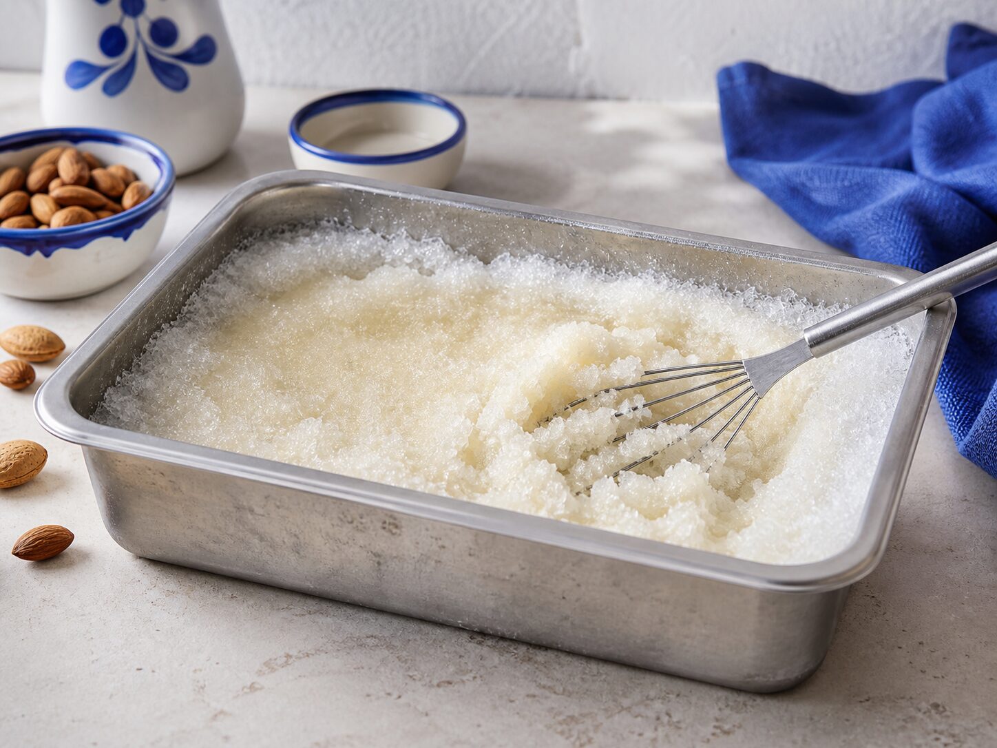 Primi cristalli della granita alle mandorle rotti con una frusta