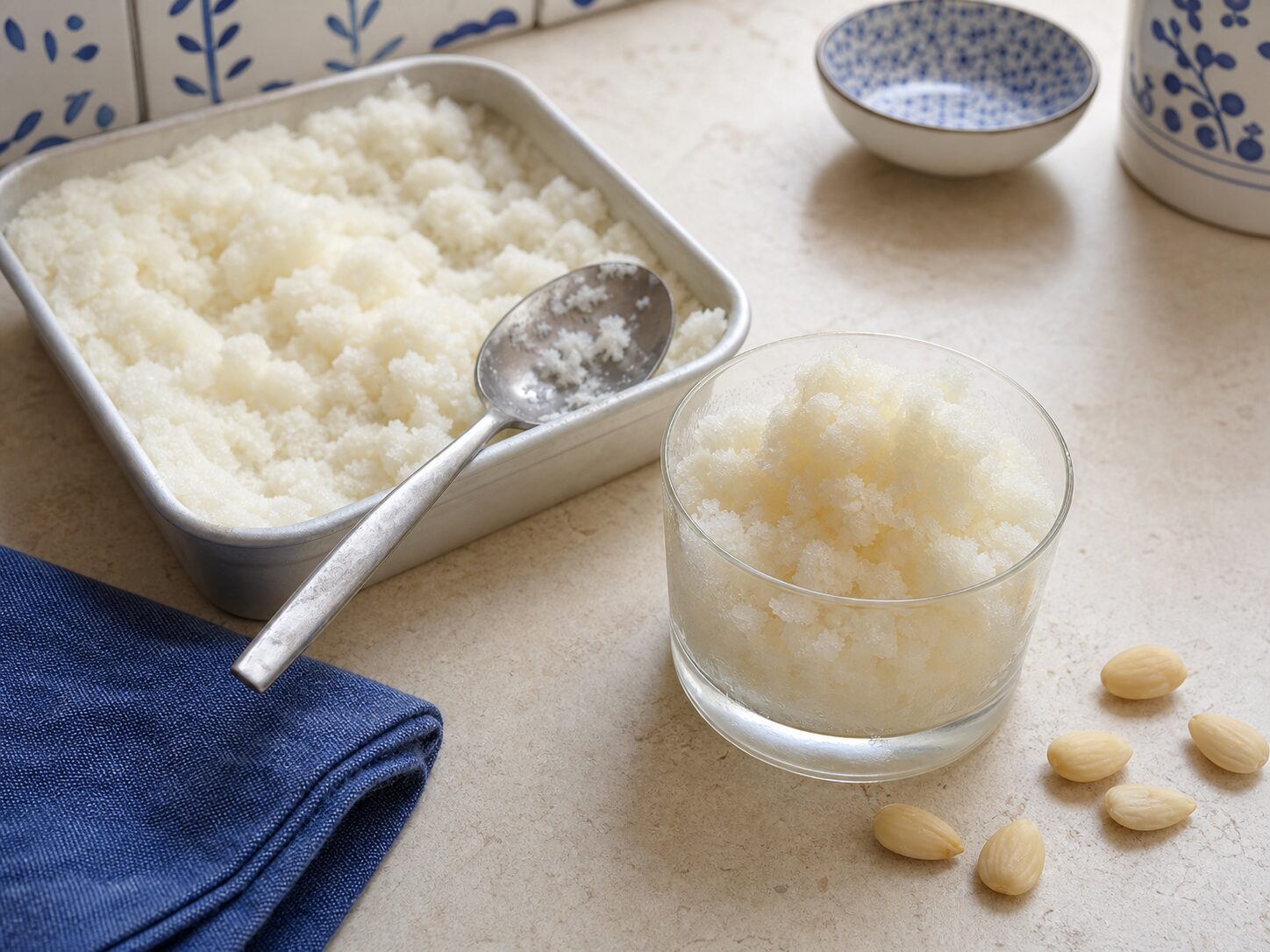 Granita alle mandorle dalla consistenza fine e cremosa servita in un bicchiere