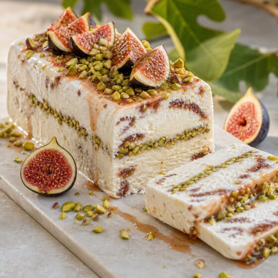 Semifreddo aux figues et pistaches découpé en tranches.