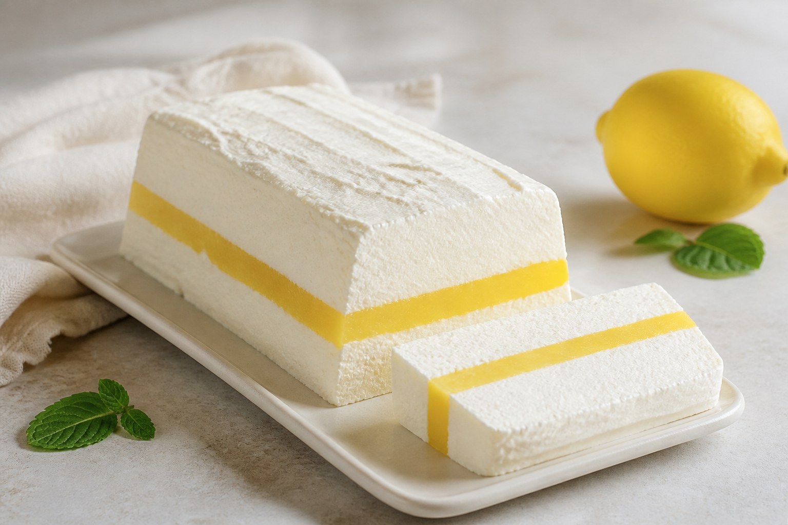 Semifreddo al limone con cuore cremoso tagliato a fette