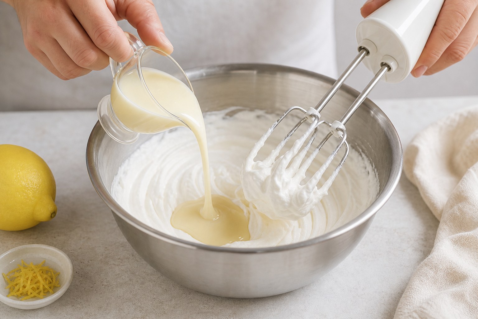 Latte condensato e miscela al limone aggiunti alla panna montata