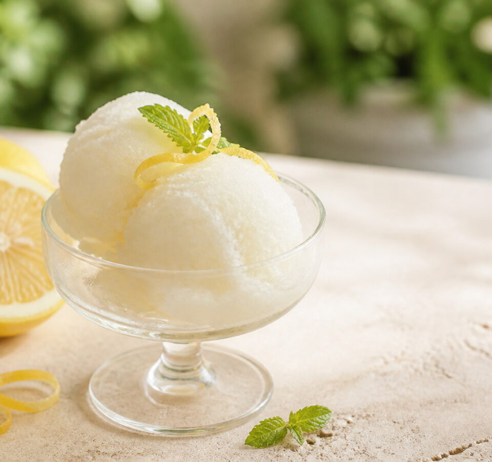 Sorbetto al limone cremoso servito in un limone con menta fresca