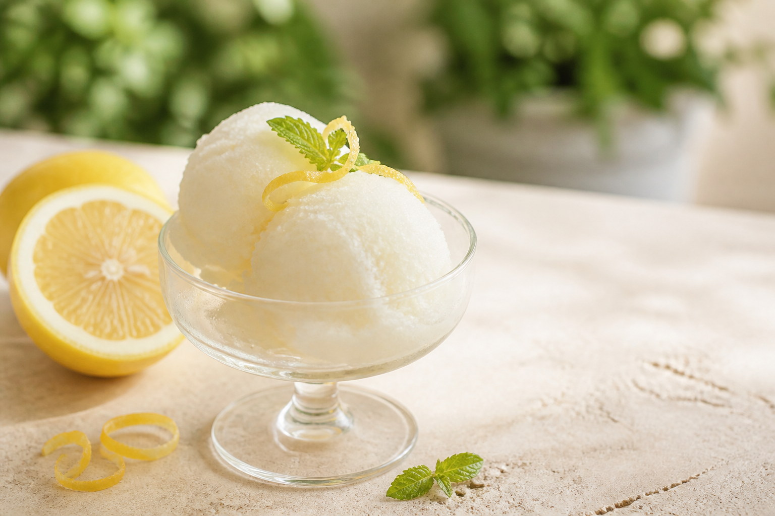 Coppetta di sorbetto al limone con scorza e menta