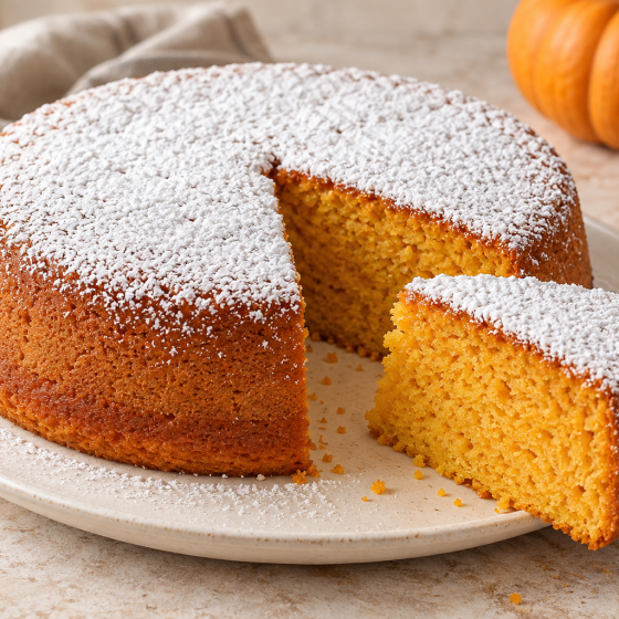 Torta di zucca con zucchero a velo e una fetta sul piatto, immagine illustrativa