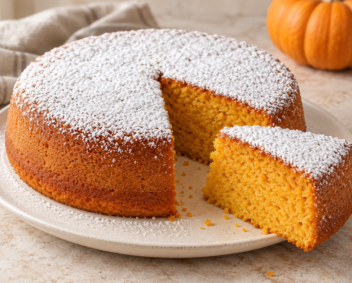 Torta di zucca con zucchero a velo e una fetta sul piatto, immagine illustrativa
