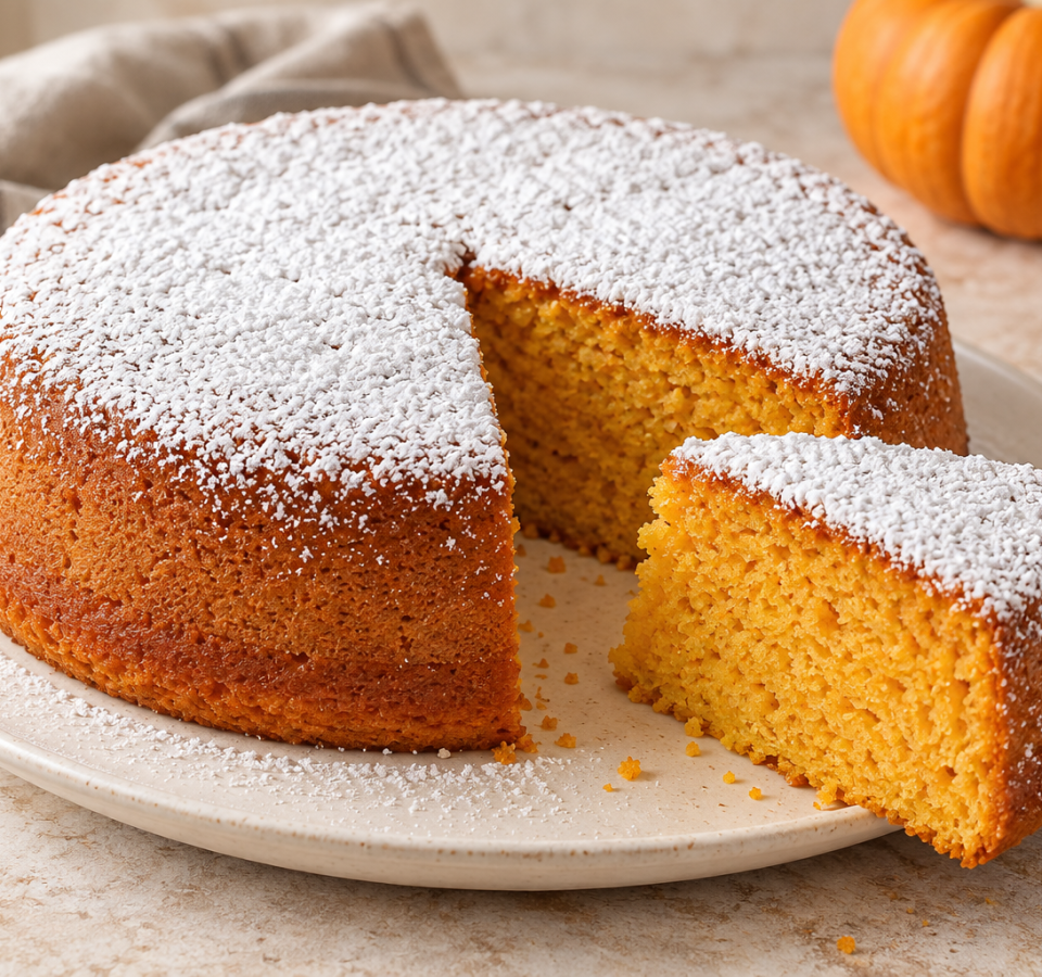 Torta di zucca con zucchero a velo e una fetta sul piatto, immagine illustrativa