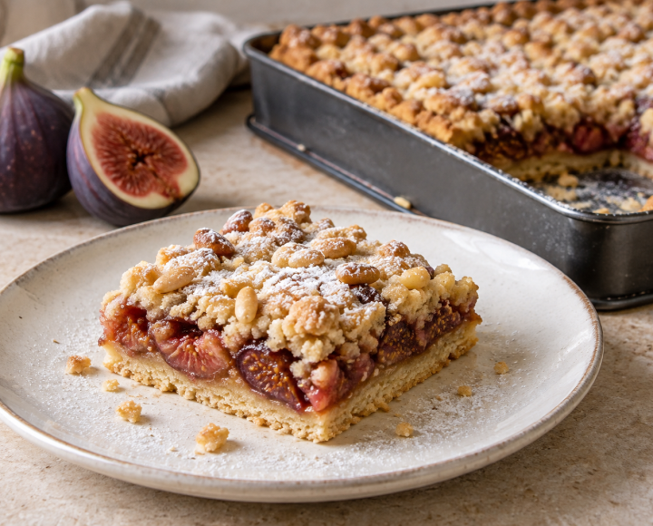 Porzione di torta ai fichi e pinoli con base di frolla e copertura sbriciolata