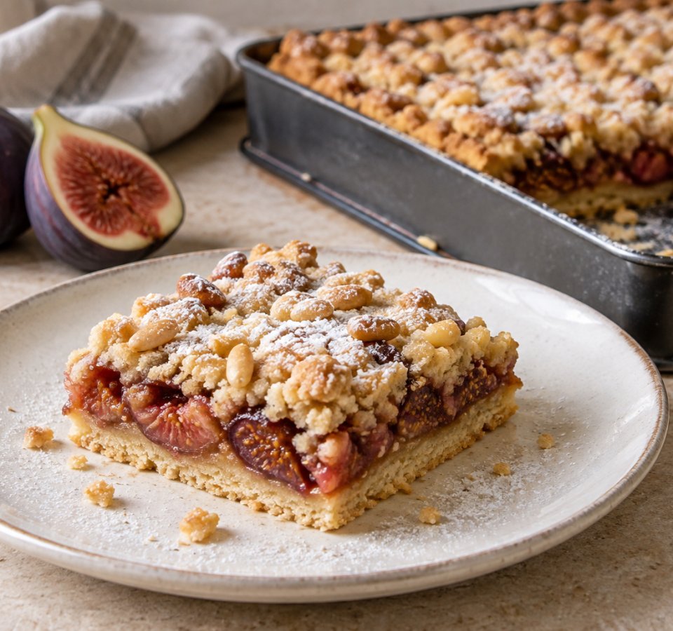 Porzione di torta ai fichi e pinoli con base di frolla e copertura sbriciolata