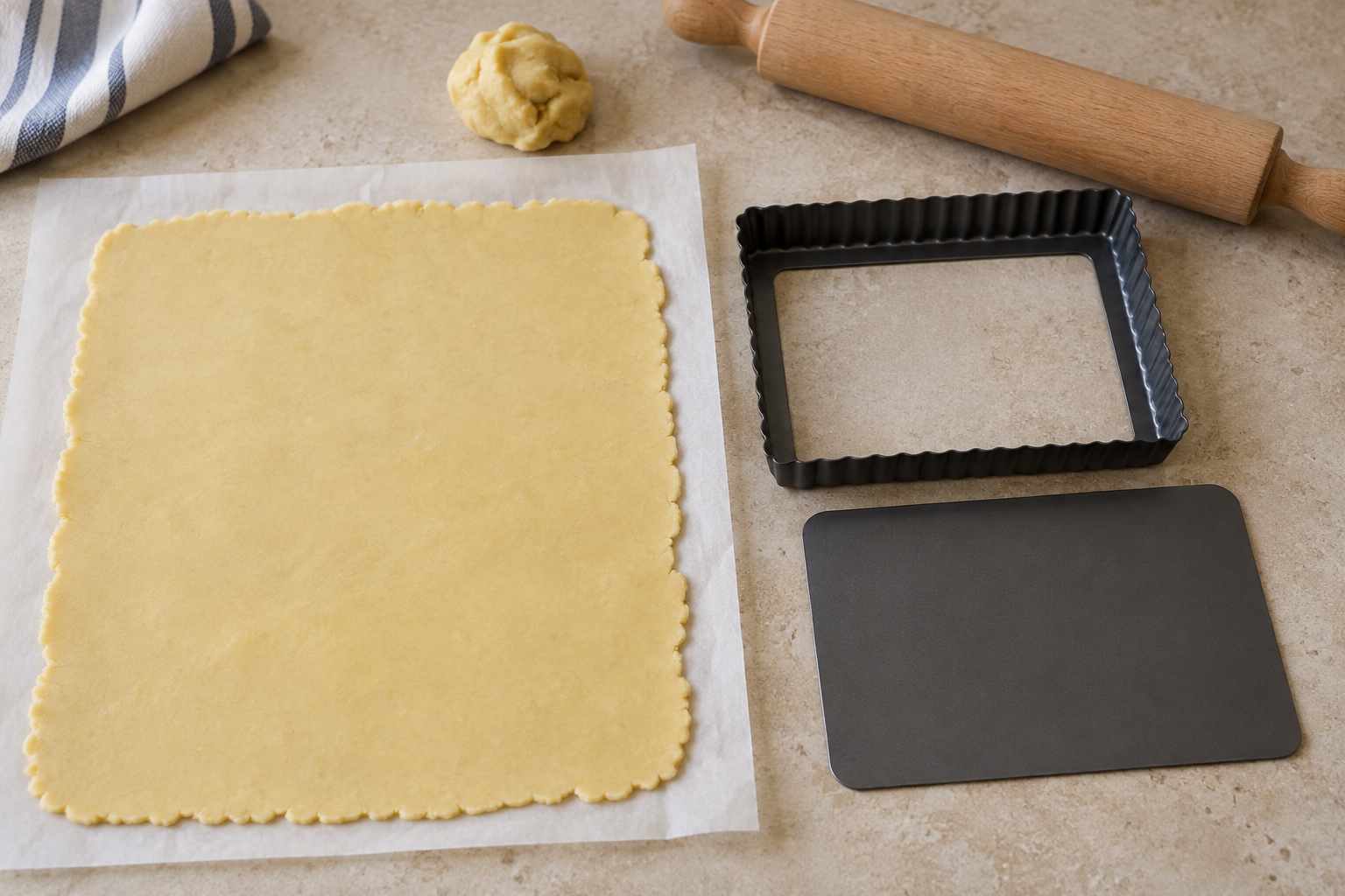 Pasta frolla stesa e stampo rettangolare con fondo staccabile