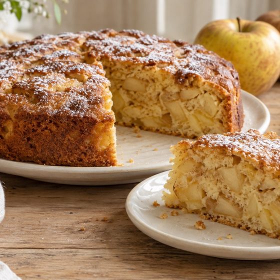 Torta di mele renette con una fetta tagliata e zucchero a velo