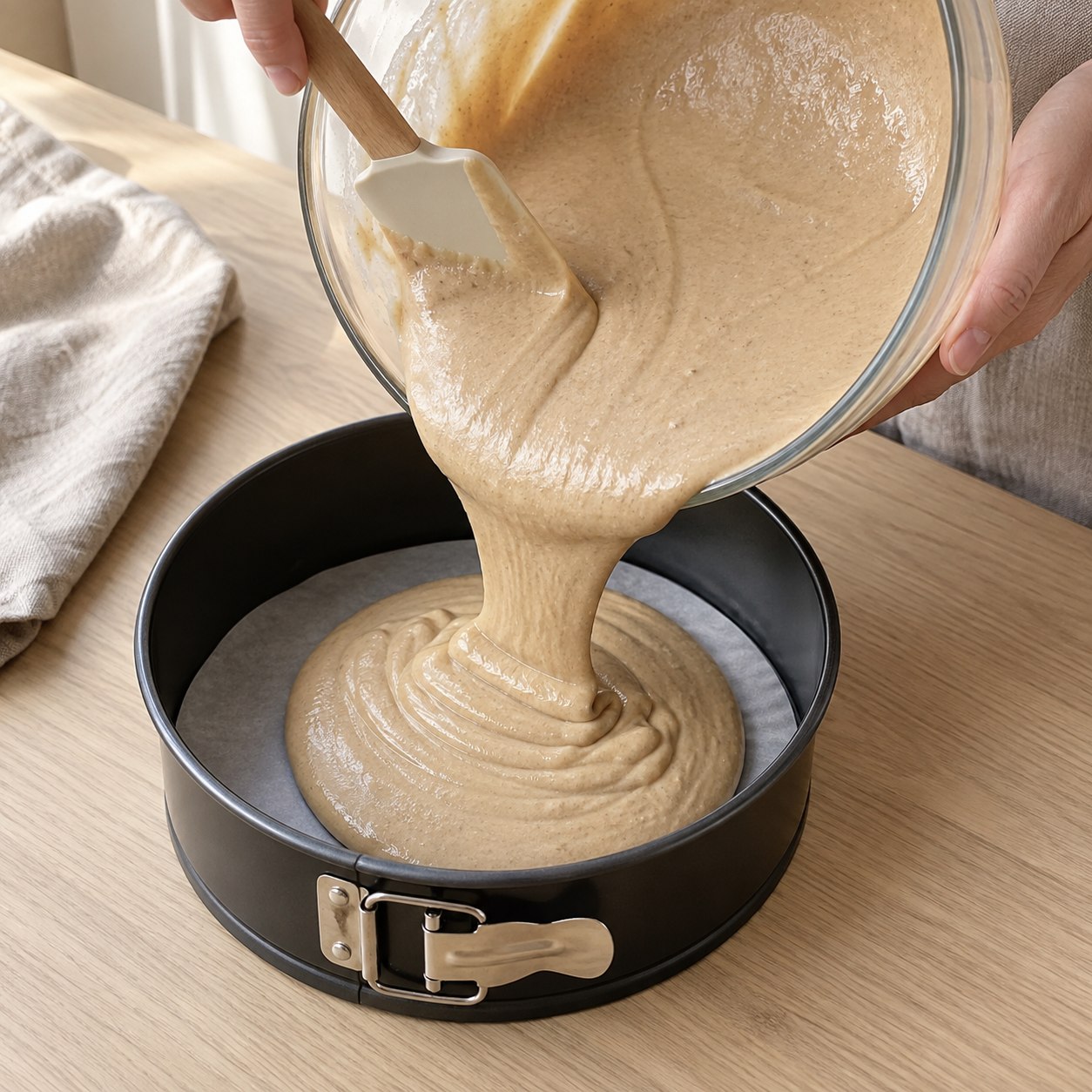 Impasto della torta con farina di castagne versato nella tortiera
