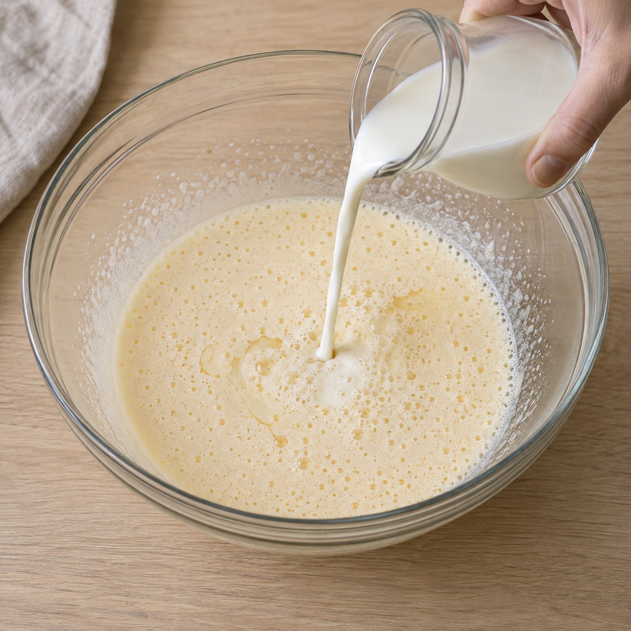 Latte versato nel composto di uova e zucchero