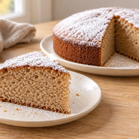 Torta con farina di castagne senza burro con una fetta sul piatto