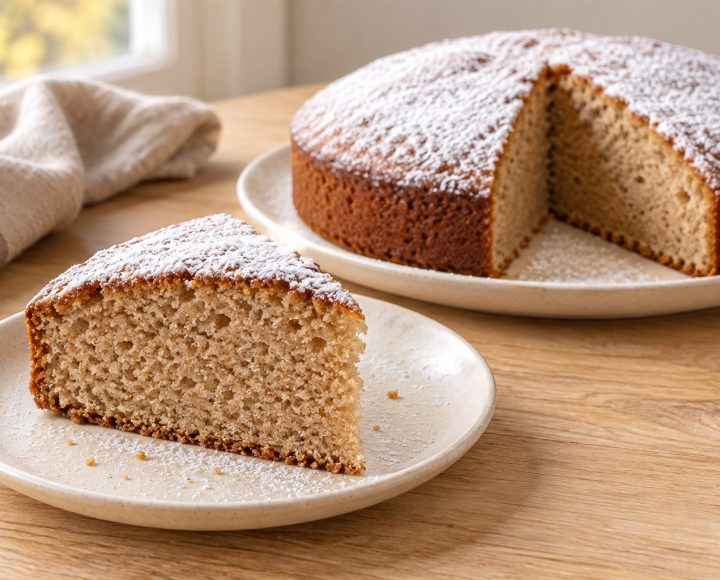 Torta con farina di castagne senza burro con una fetta sul piatto