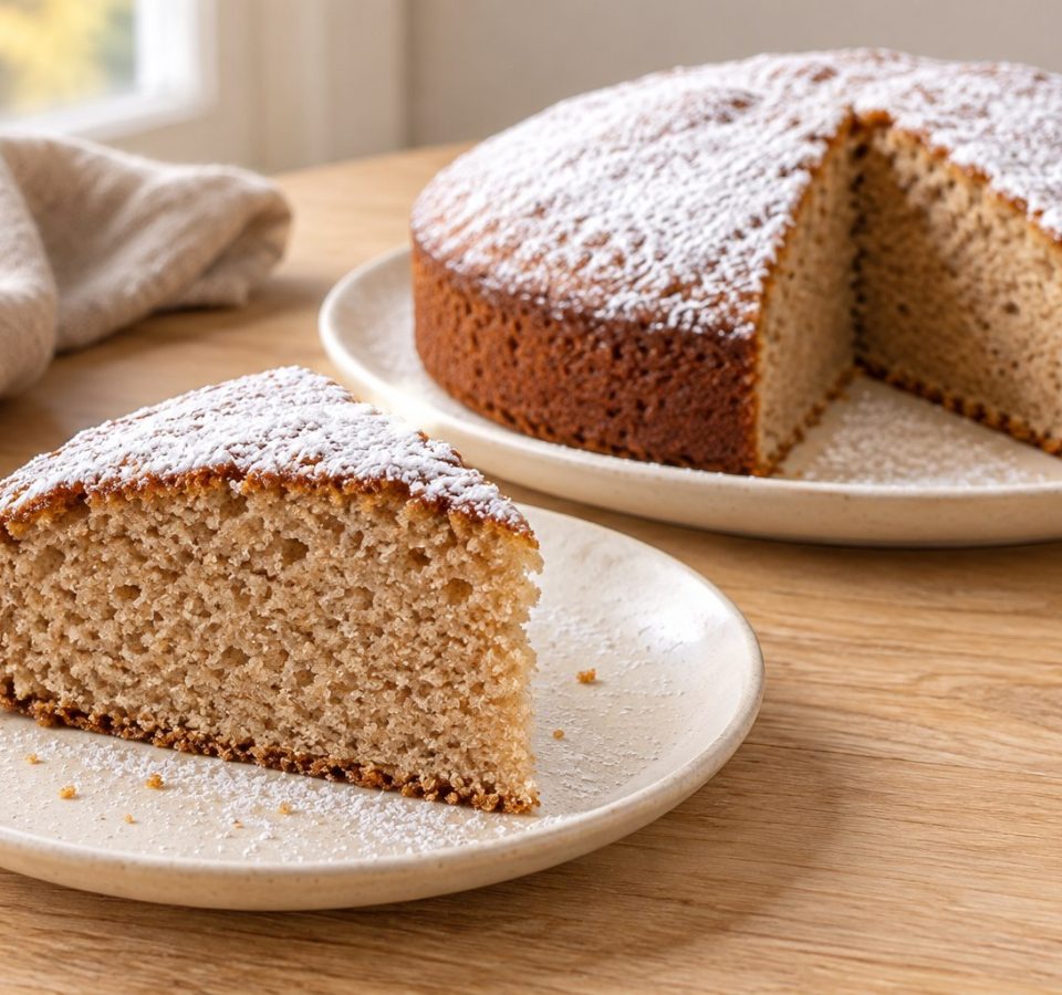 Torta con farina di castagne senza burro con una fetta sul piatto