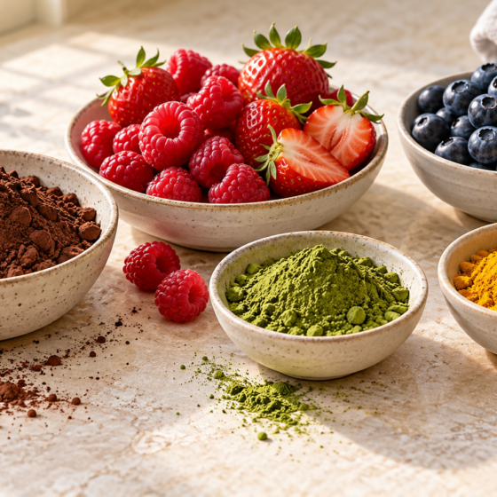 Ciotole con cacao, fragole, lamponi, mirtilli, matcha e curcuma