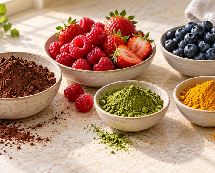 Ciotole con cacao, fragole, lamponi, mirtilli, matcha e curcuma