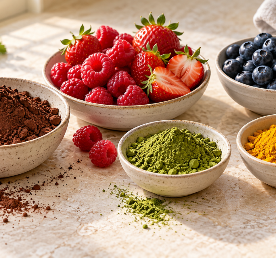 Ciotole con cacao, fragole, lamponi, mirtilli, matcha e curcuma